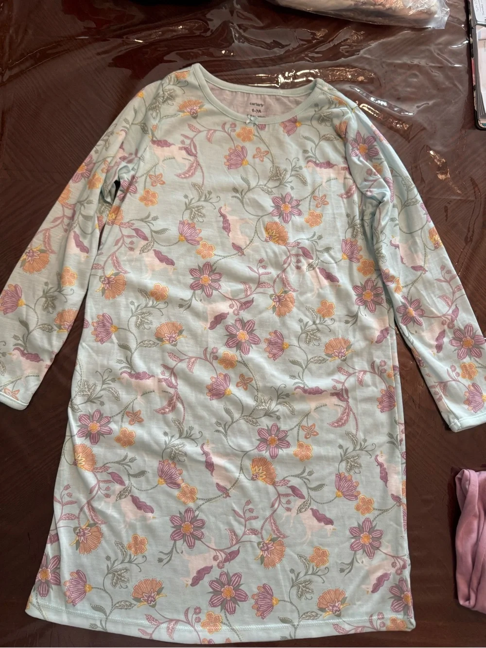 Carter's NWT Girls Unicorn Nightgown Set - Pink & Light Blue Floral Sz 6-7A